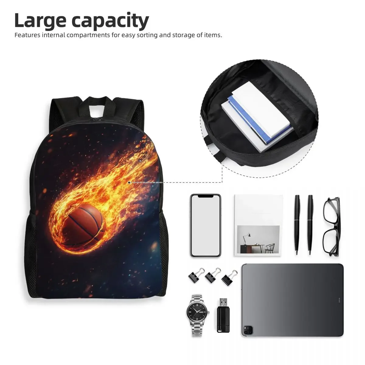 Custom Basketball On Fire Backpack for Women Men Waterproof College School Player Sports Lover Gift Bag Print Bookbags