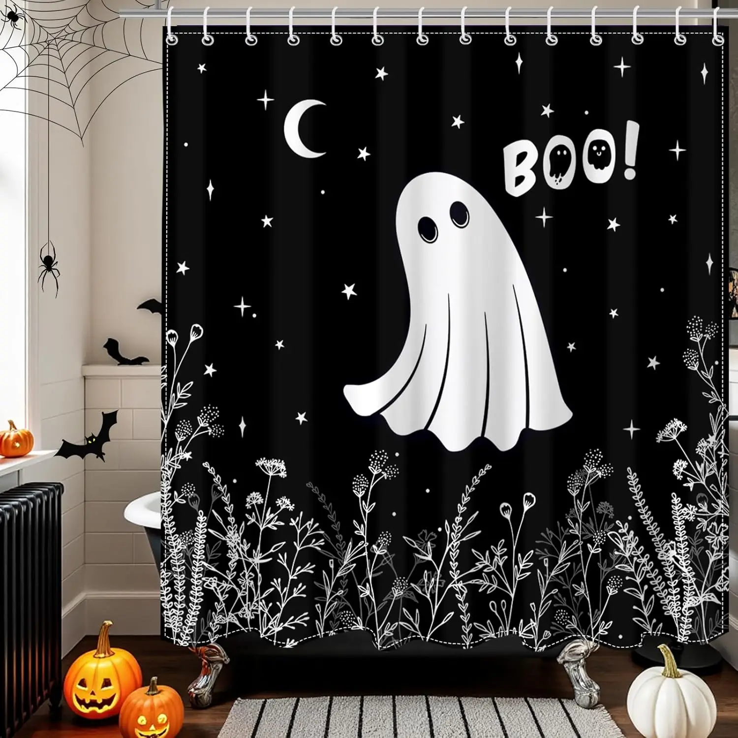 

Halloween Ghost Shower Curtain Black White Boo Spooky Shower Curtain Horror Funny Gothic Ghost Halloween Bathroom Decor Fabric