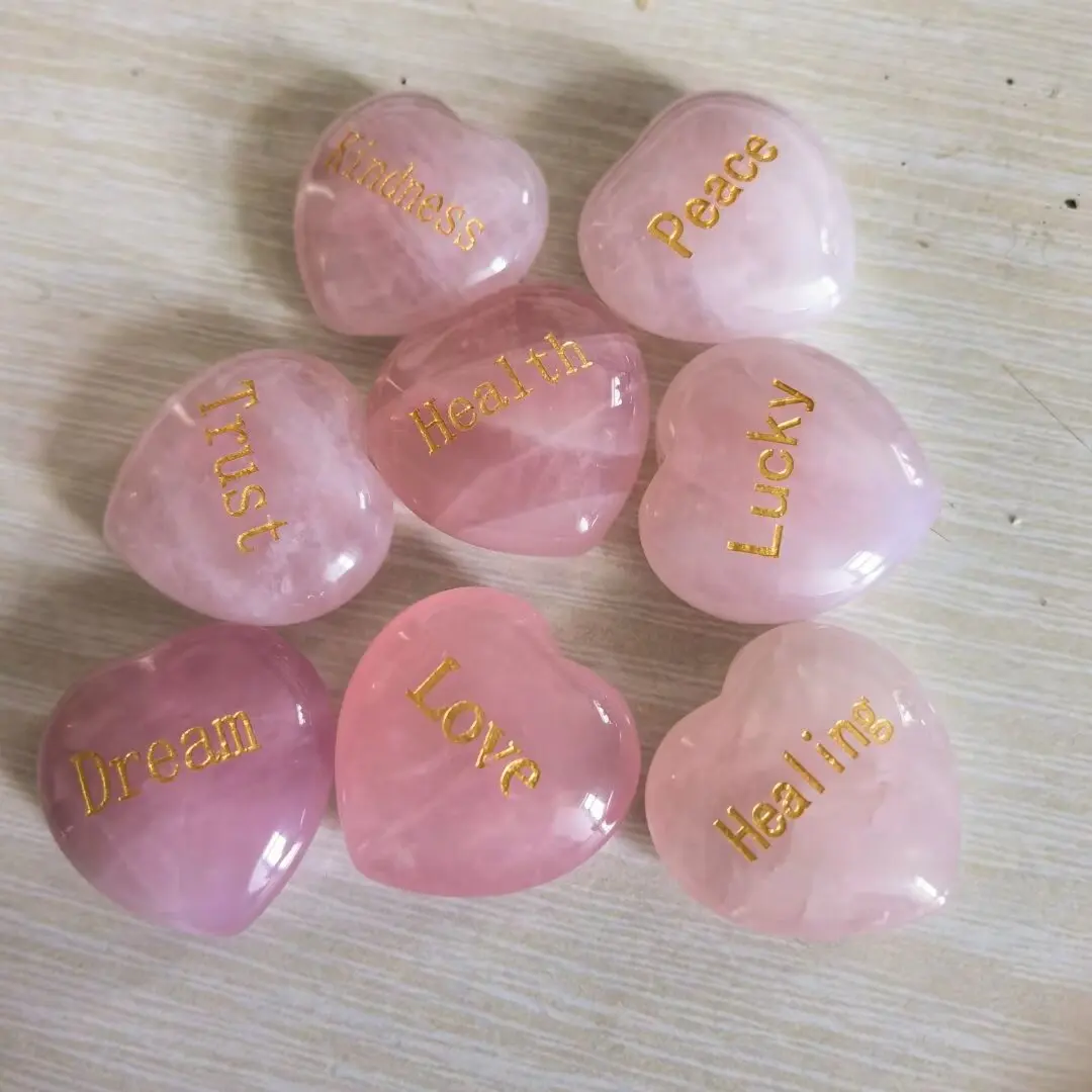 Random1pcs Rose Quartz Heart Inspirational Stone Engraved Love Natural Pink Crystal Valentine\'s Day Gifts