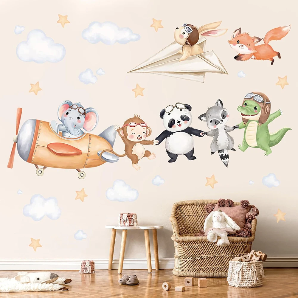 Cartoon Planes Animal Wall Stickers Baby Nursery Elephant Panda Monkey Flying Animal Wall Decals Kids Bedroom Wall Decoration