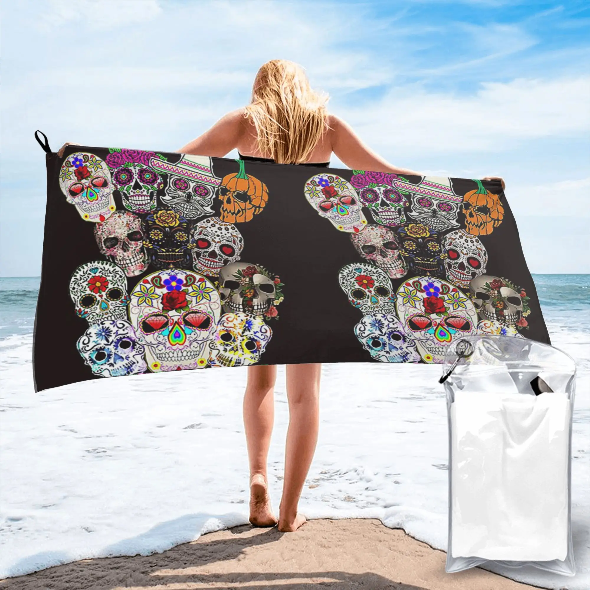 Day of the Dead Art Mexican Sugar Skull Beach Towel Soft Microfiber Quick Dry Absorbent Quick Towels For Bath