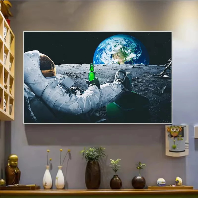 Modern Beer Outer Space Earth Astronauts Moon Painting on Canvas Posters Prints Wall Art Pictures for Living Room Decor Cuadros