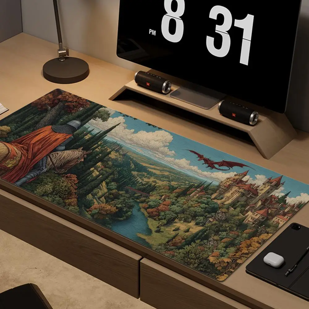 Knight Castle Desk Mat Medieval Fantasy Mousepad Dragon View Desk Pad Heroic Adventure Decor Magical Gaming Setup Gift