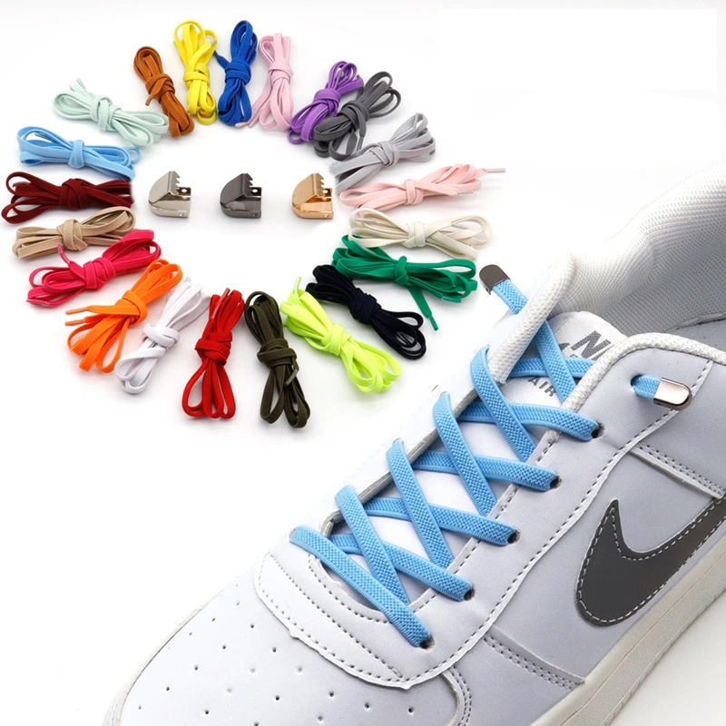 

1 Pair Flat Elastic Shoelaces For Sneakers Metal Lock No Tie Shoe Laces Required Rubber Band Lazy Shoe Lace Accessory