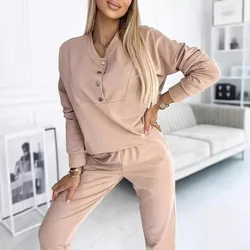 Women's Half-button Long-sleeved Casual Sports Suit Autumn And Winter New Retro Fashion Casual Pants Office 2-piece Set Female