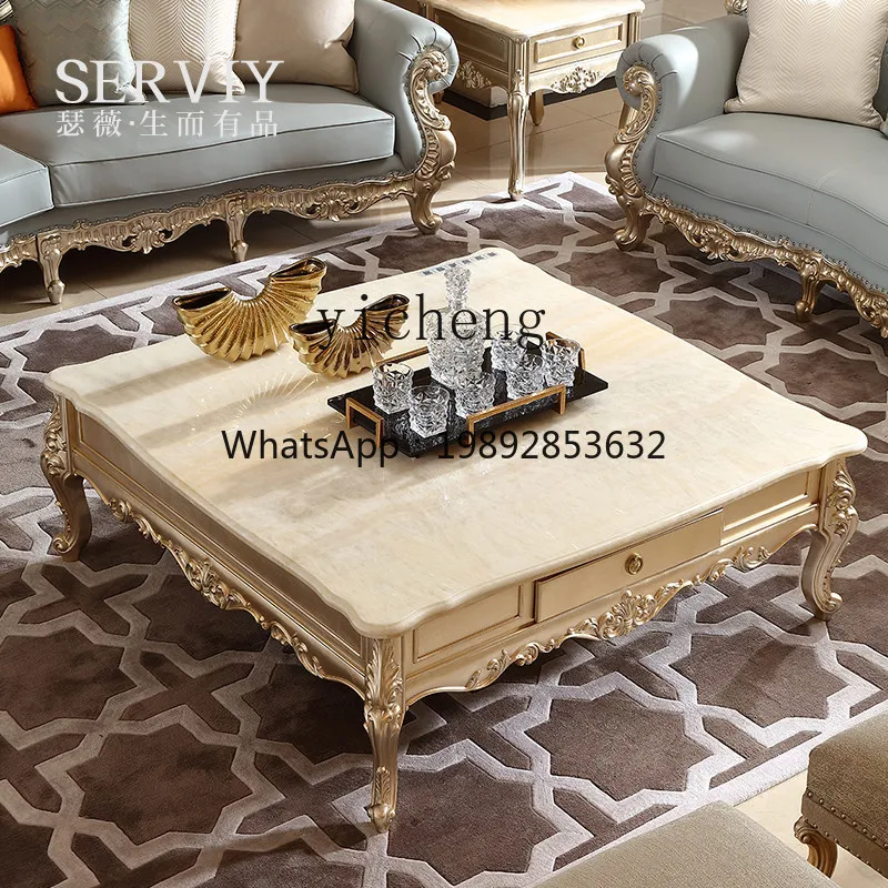 French Style Solid Wood Marble Color Shell Inlay with Drawer Square Long Coffee Table European Style Carved Storage Side Table