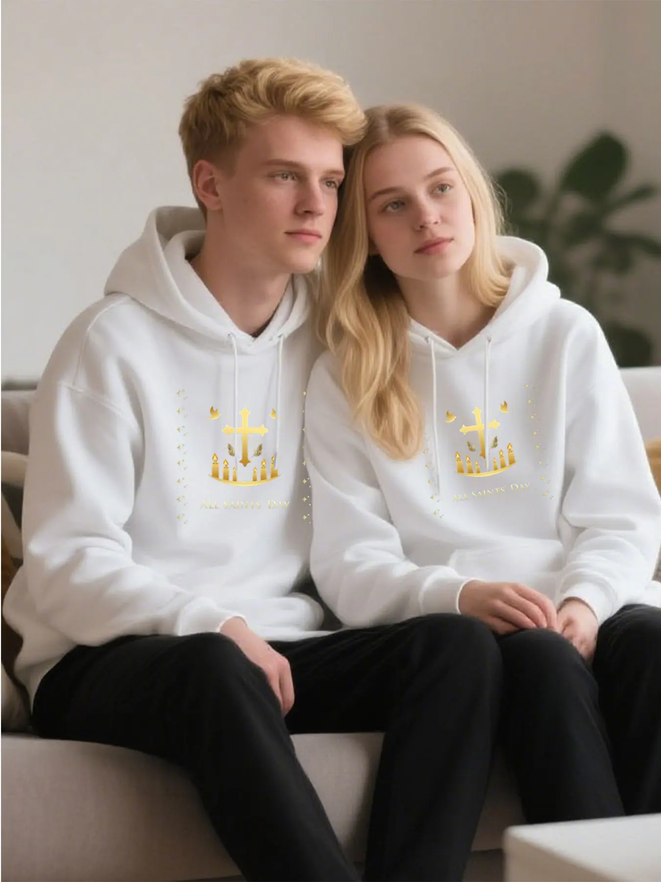 Moletom com capuz de algodão confortável com estampa de dia de Todos os Santos de pombas cruzadas para atividades ao ar livre de ação de graças