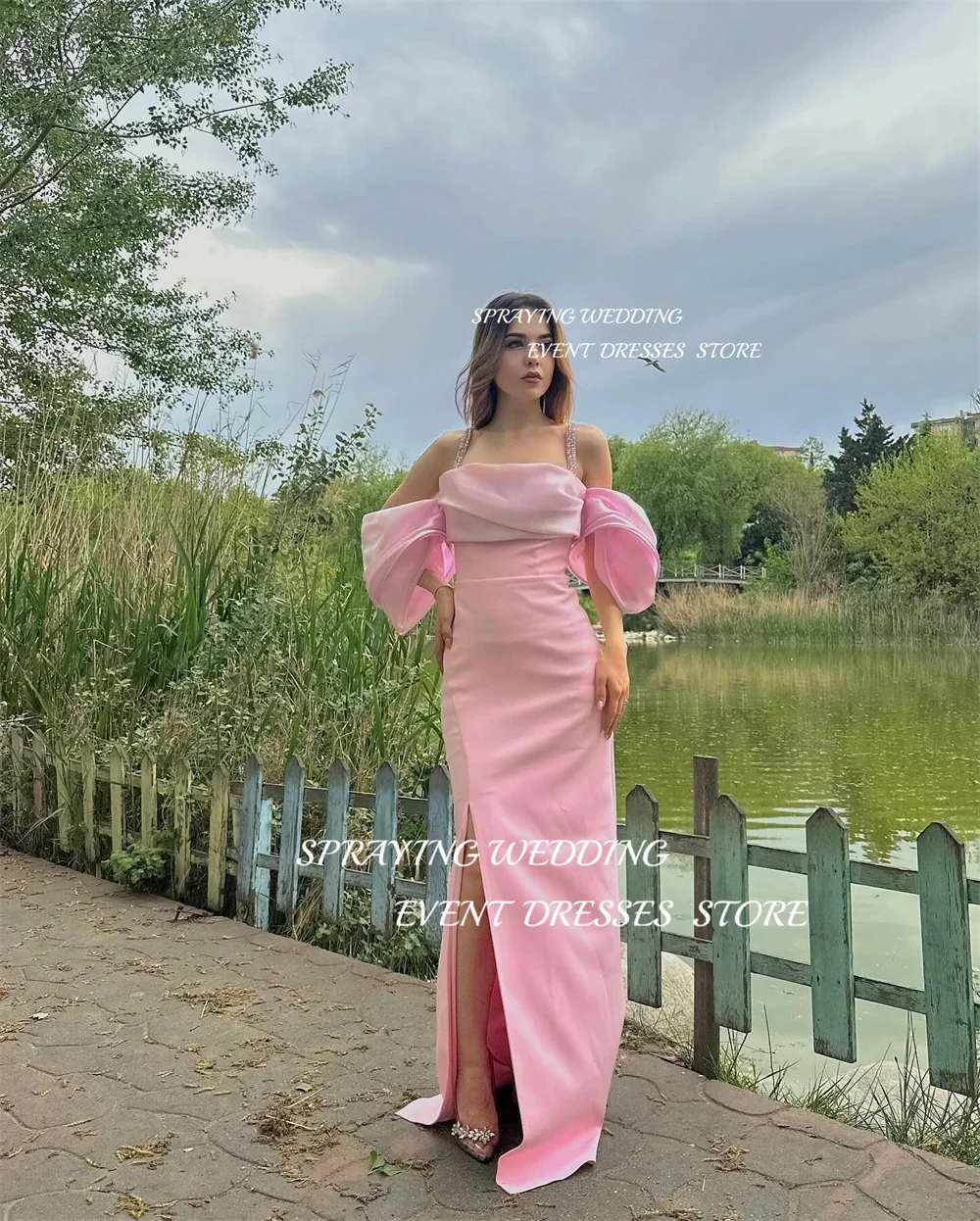 SPRAYING Elegant Pink Satin Strapless Sling Evening Dress Floor-Length Long Prom Dress Straight Side Slit Formal Evening Dress