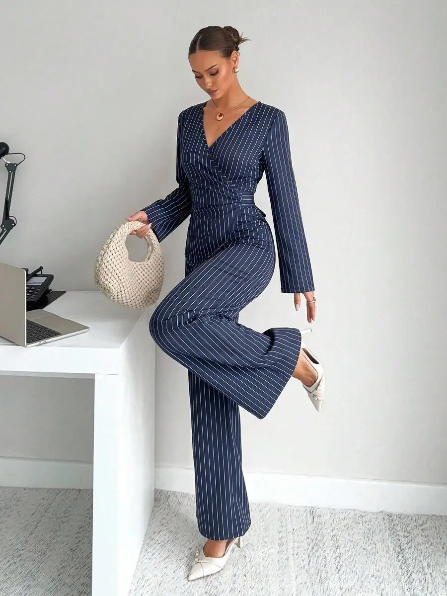 

Elegant Striped Wrap Blazer And Wide Leg Pants Two Piece Set For Women