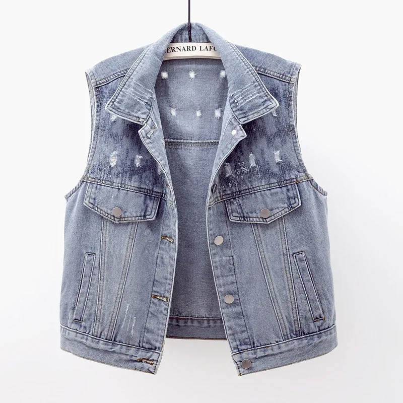 

Vintage Black Blue Sequins Denim Vest Women Casual Waistcoat Loose Short Cowboy Sleeveless Jacket Coat Frayed Jeans Vests Female