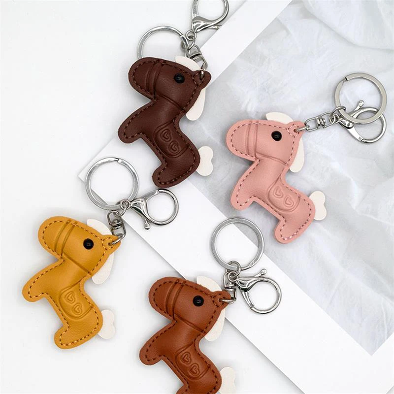 Cute Cartoon Pony Leather Keychain Pendant Charms Horses Keyring Animal Bag Hanging Ornament Couple Accessories Decoration Gifts