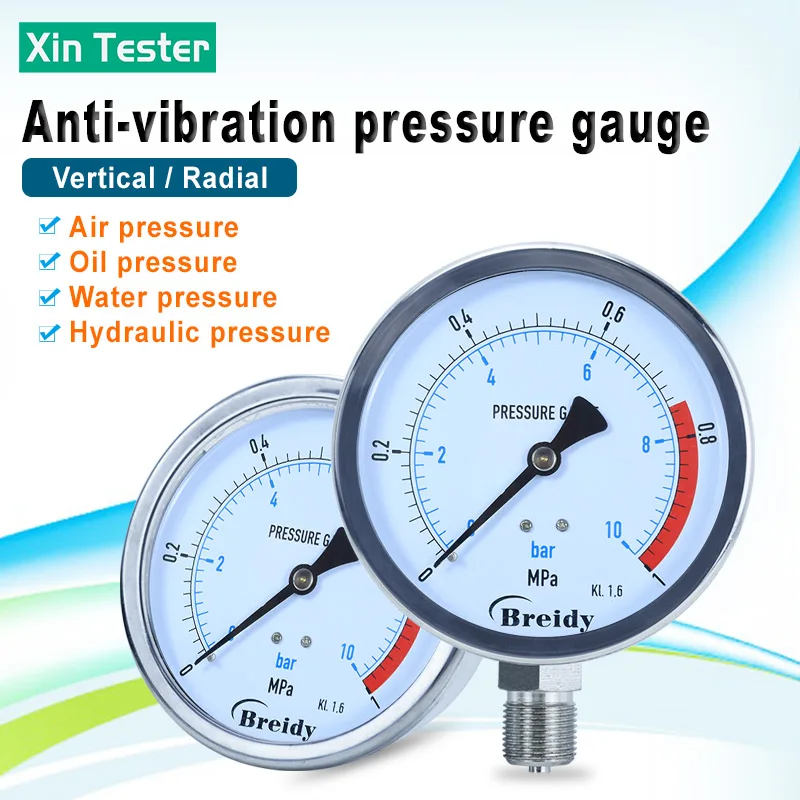 

Xin Tester Stainless Steel 100mm Glycerin free Oil Hydraulic Pressure Gauge 0-60mpa Anti-vibration Air Water Manometer G1/4 G1/2