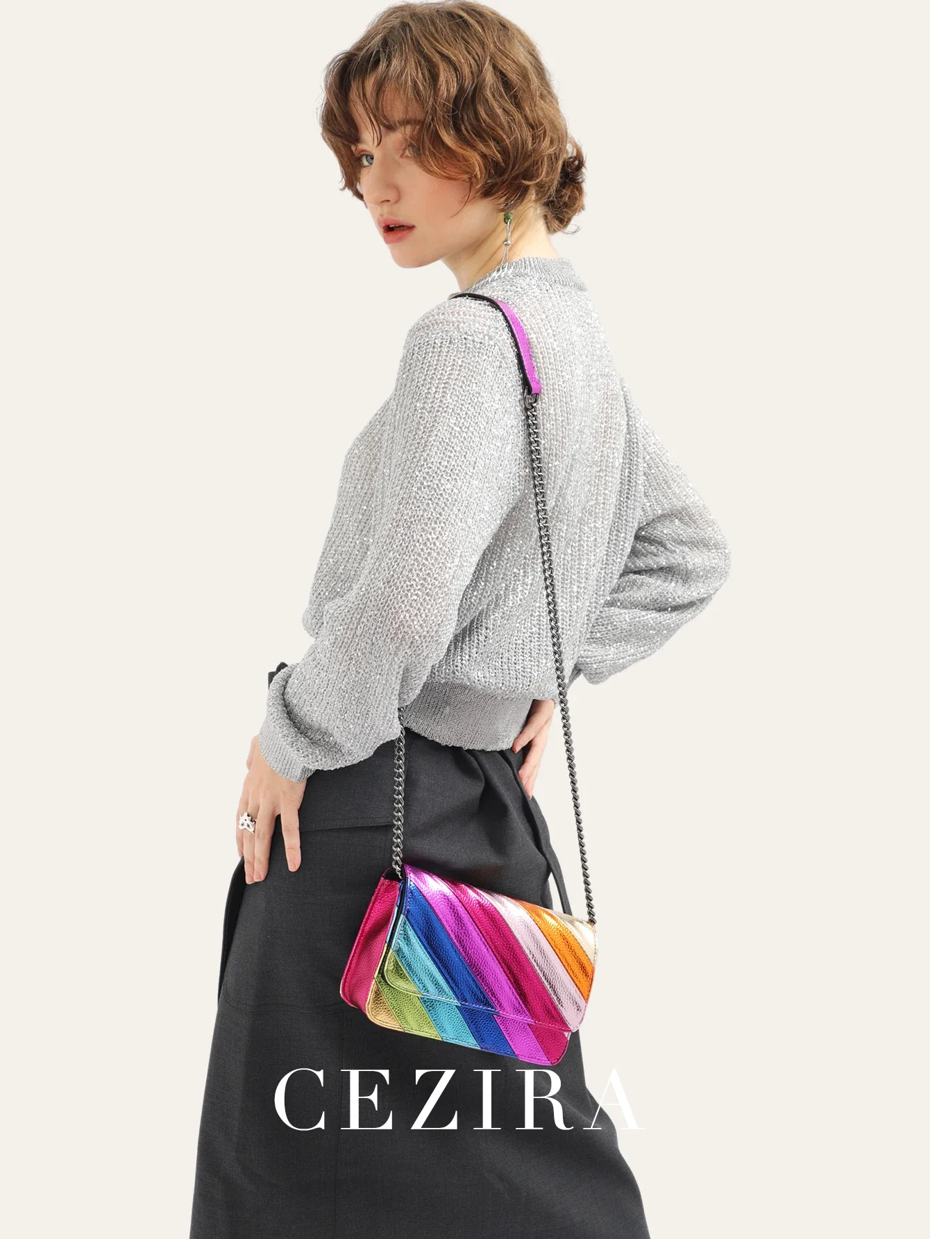 CEZIRA Fashion Small Rainbow Colorful Stripes Handbag Women PU Leather Patchwork Square Flap Metal Chain Cross Body Shoulder Bag