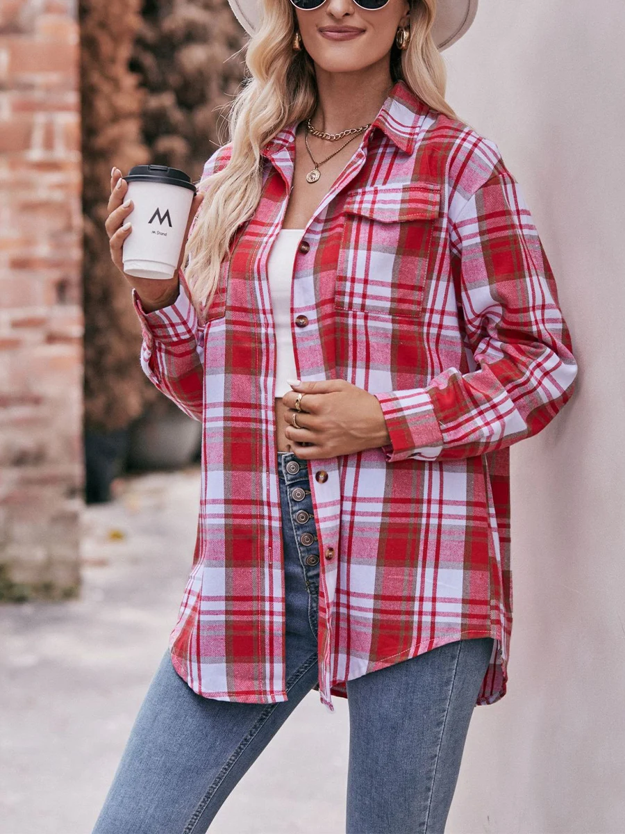 Women s Y2K Vintage Oversized Plaid Flannel Shirts Collared Button Down Shacket Rolled Up Blouse Tops