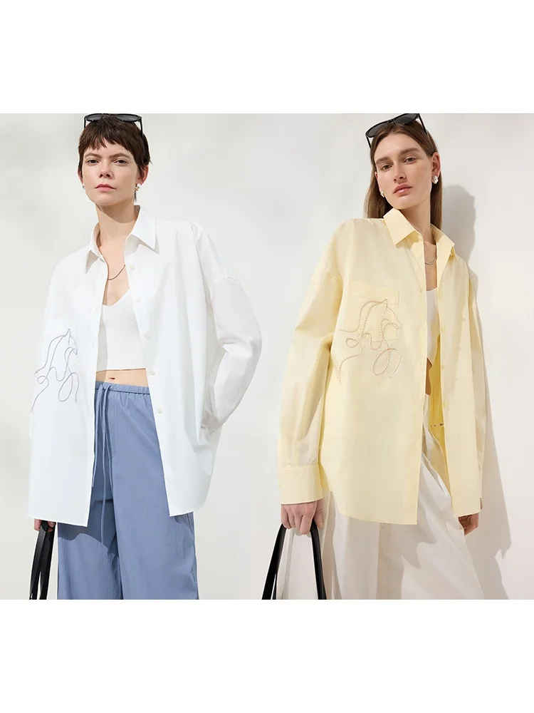 

Женская повседневная хлопковая рубашка свободного кроя с длинным рукавом, спущенным плечом, вышивкой и средней длиной, структурированная.