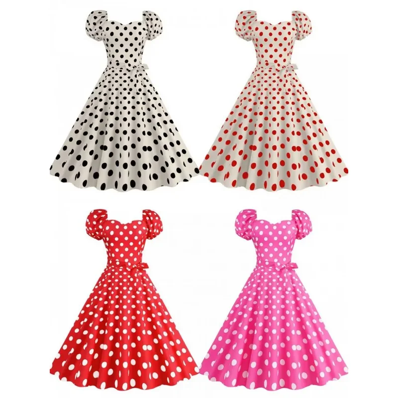 

1970S 80S V-Neck French Vintage Polo Dot Printed Dress Women Dress for Halloween Party