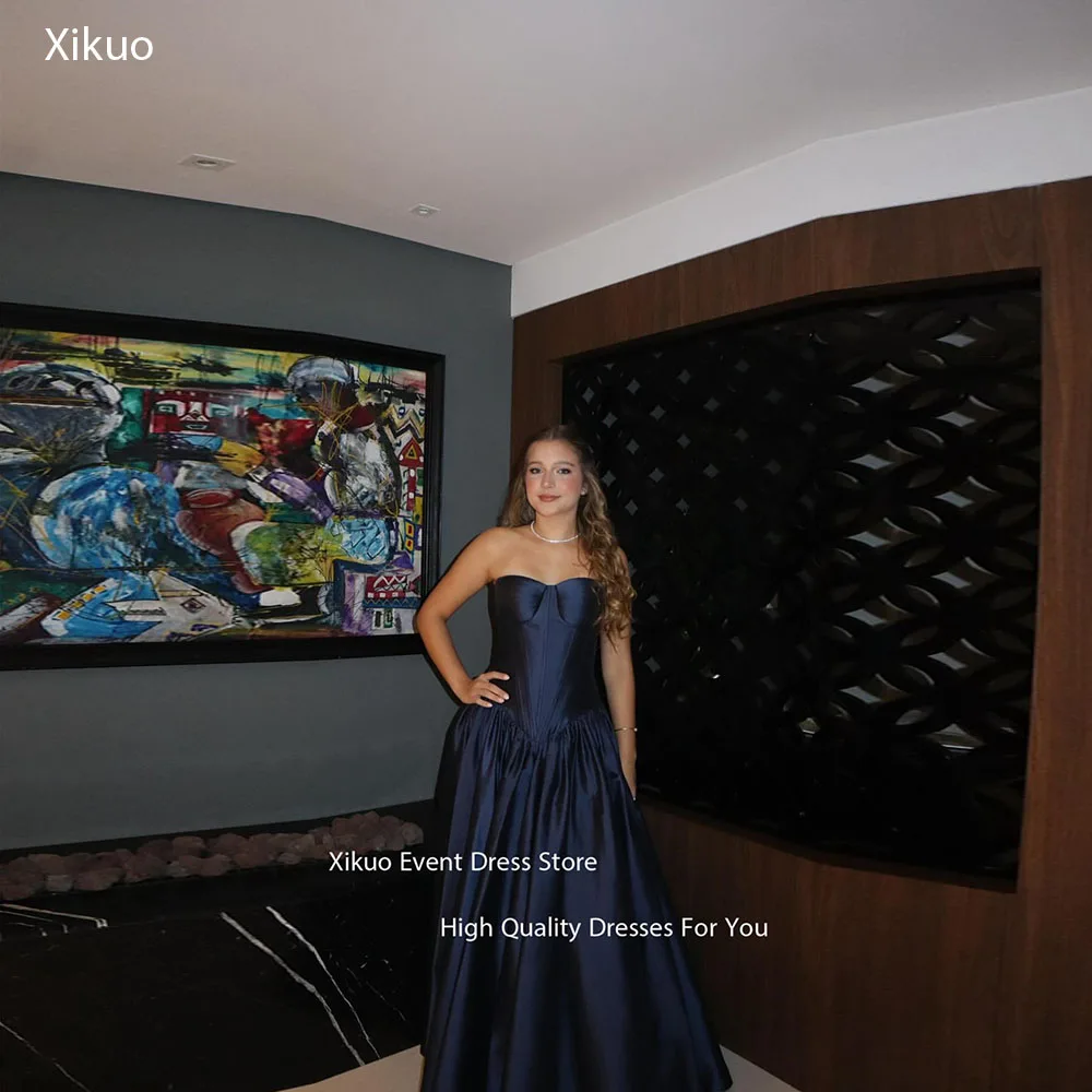 Xikuo azul marinho vestido de noite até o chão uma linha sem alças elegante vestido de festa de casamento vestido de baile vintage personalizado