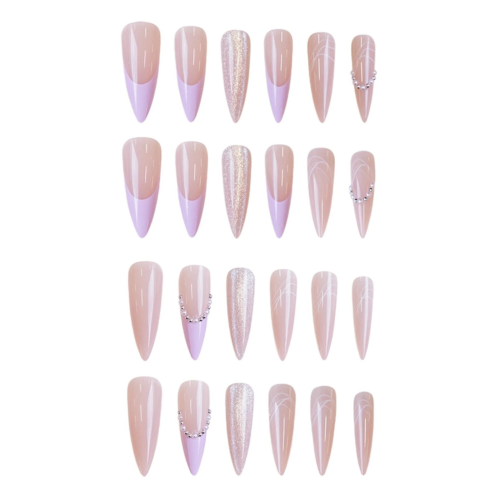 طويل خنجر الأظافر وهمية 24 قطعة الأرجواني الفرنسية الصحافة على الأظافر لطيف المرأة سحر مانيكير لامعة عيون القط/الخرز ديكور رسومات أظافر #5