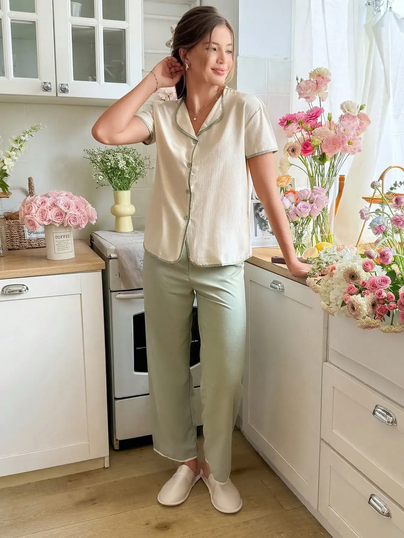 

Snug Reverie Women Ribbed Trim Single-Breasted Short Sleeve Top And Pants Pajama Set Lounge Set