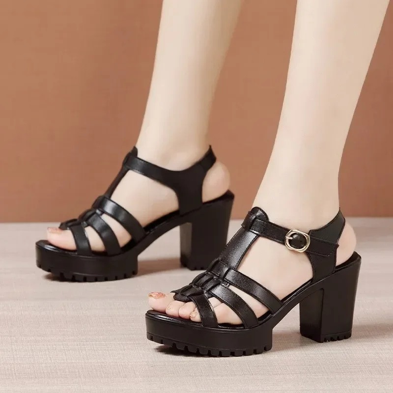 8cm Small Size 32-43 Fashion Genuine Leather Shoes Gladiator Sandals Summer 2025 Women Block High Heels Platform Sandals Office