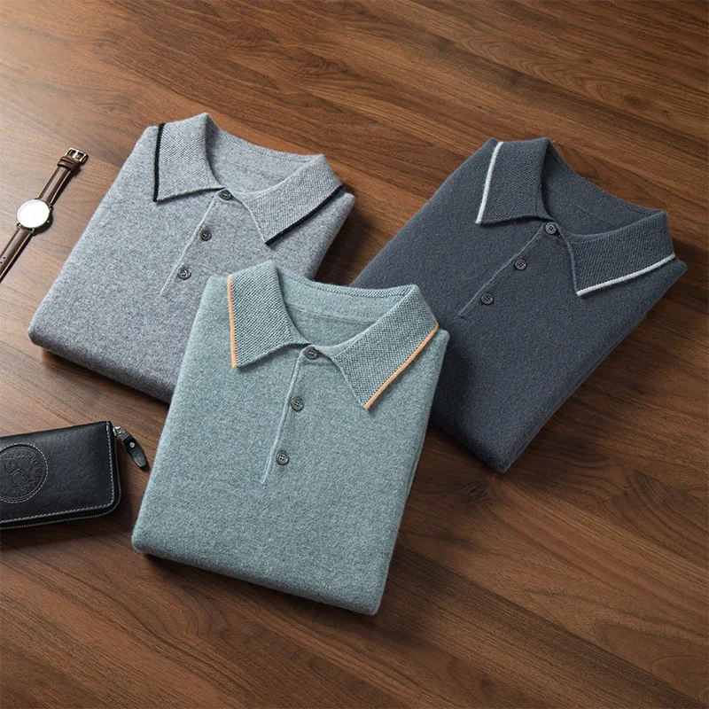 

Выбор мужской пуловер с воротником-поло, свитер, осень-зима, умный повседневный базовый мягкий кашемировый трикотаж, трикотаж из 100% мериносовой шерсти, топы