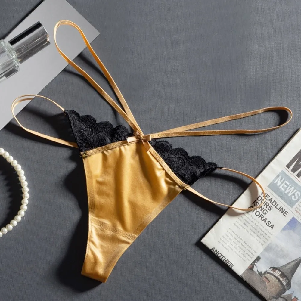 Culotte string en coton et soie glacée avec dentelle, fines bretelles, taille basse, sans coutures, lingerie féminine
