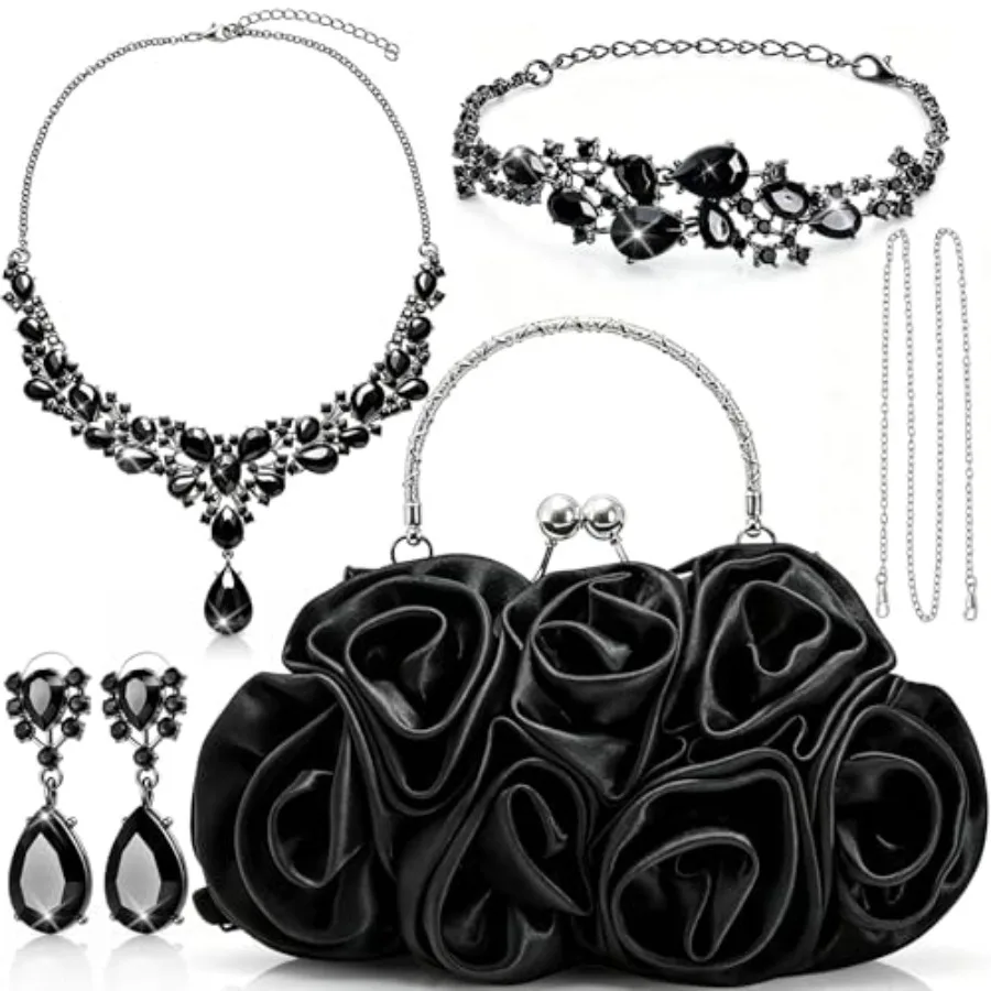 

4 Pcs Rose Clutch Rhinestone Jewelry Set, Flower Evening Bag with Detachable Strap Necklace Bracelet Dangle Earrings, Women Sat