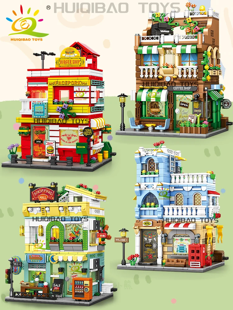 HUIQIBAO Stad Street View Koffie Burger Winkel Hotel Model Bouwstenen DIY Architectuur Commerciële Straat Bakstenen Speelgoed Volwassen - afbeelding 2