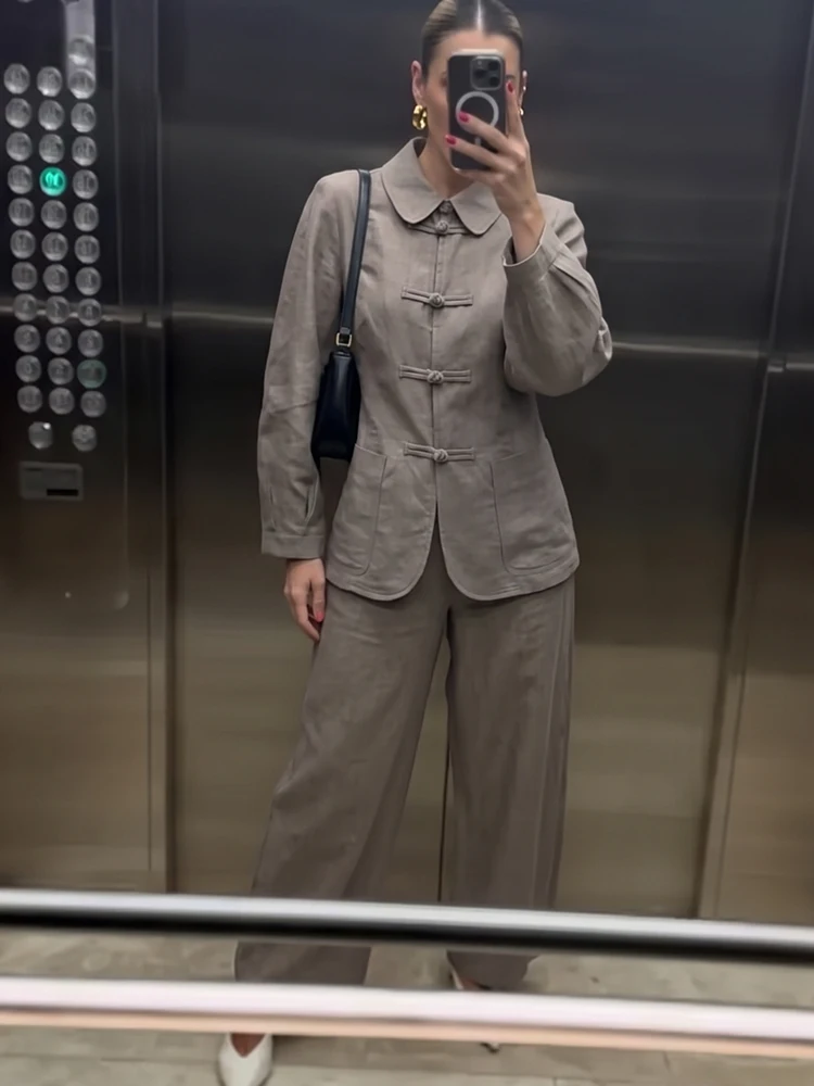 HH Elegant Linen Jacket Balloon Pants Set For Women Autumn Chinese Style Knot Button Coat+Wide-Leg Trousers Two Piece Office Sui