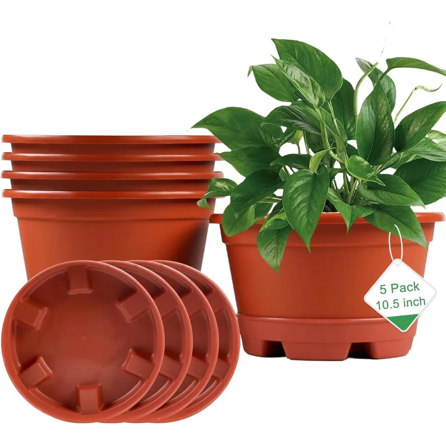 

5 Pack 10.5 Inch Plant Pots for Indoor Outdoor Use Plastic Flower Pots with Drainage Holes and Trays Decorative Garden Containe