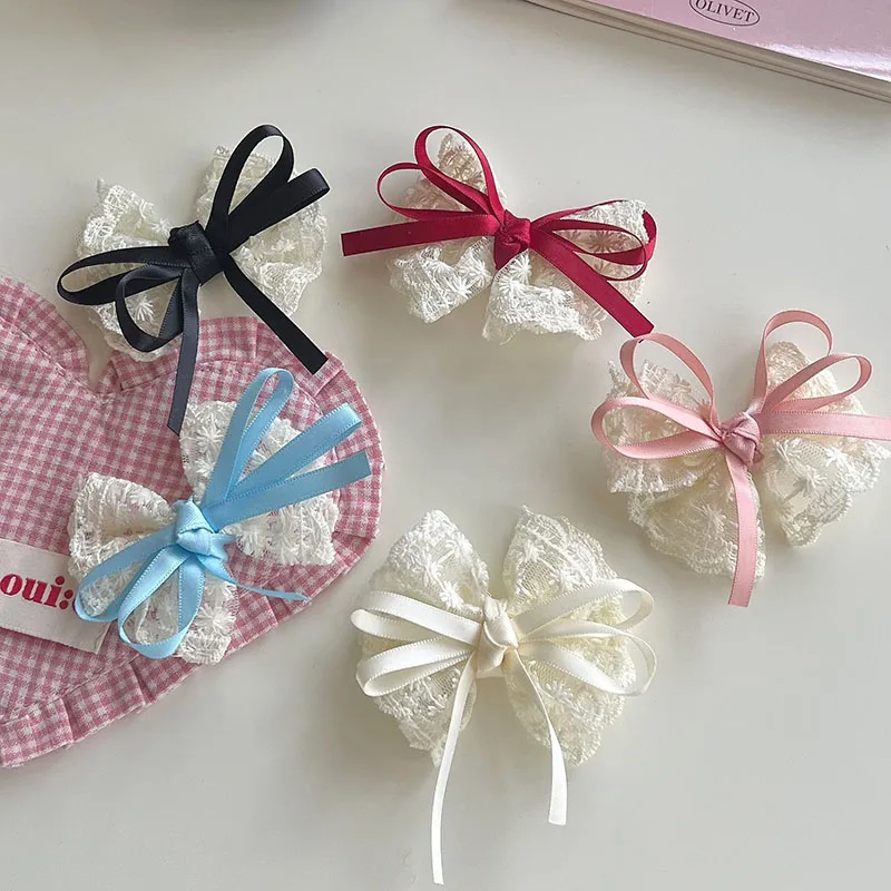 Horquillas con lazo de encaje francés para niña, cinta larga blanca, tocado de Lolita para niños, pinzas para el cabello dulces coreanas, accesorios para el cabello para niños