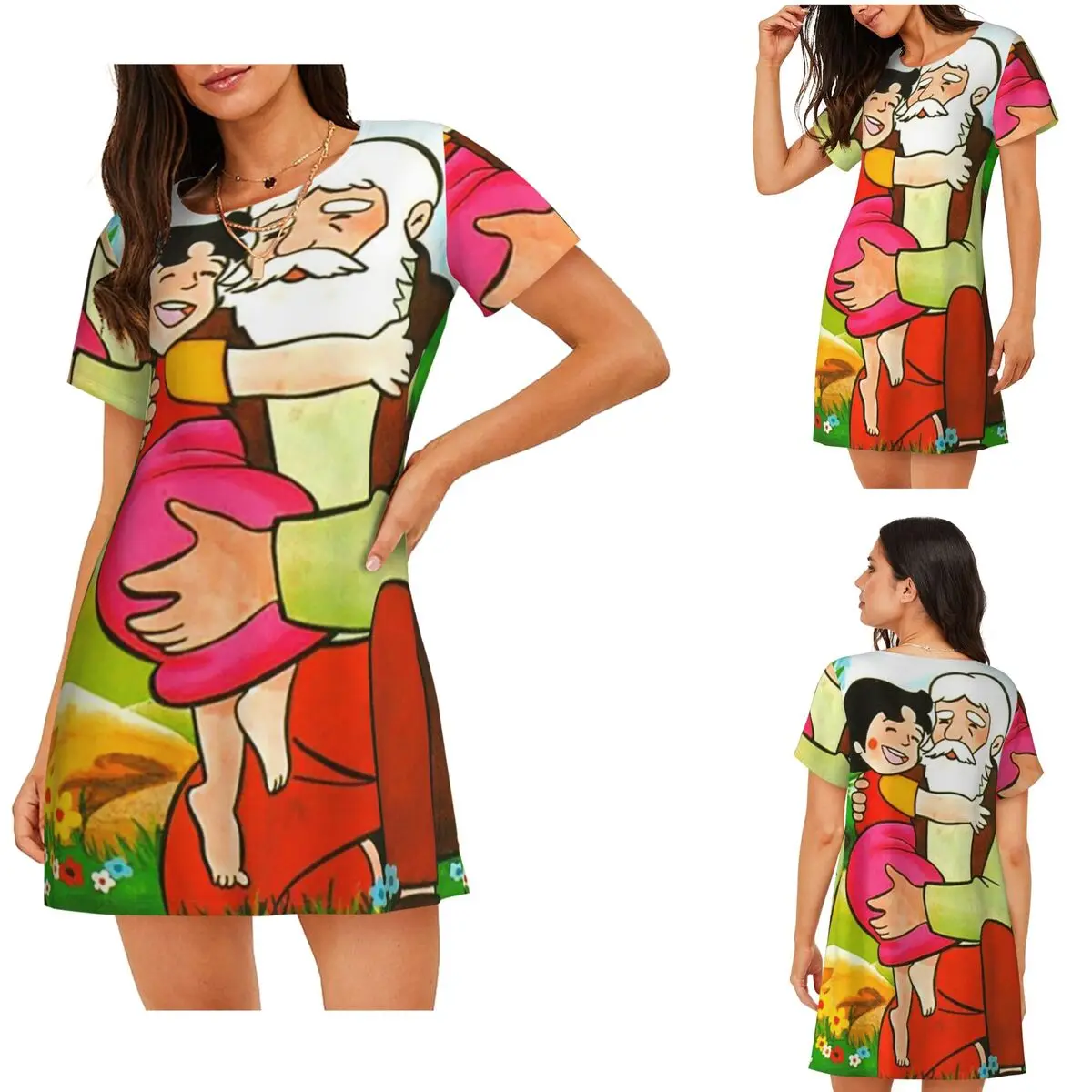 Custom Heidi Peter And Grandpa Alps Cartoon Short Sleeves Nightdress For Sleeping Women Short Sleeve Nightgowns Pajama Dress