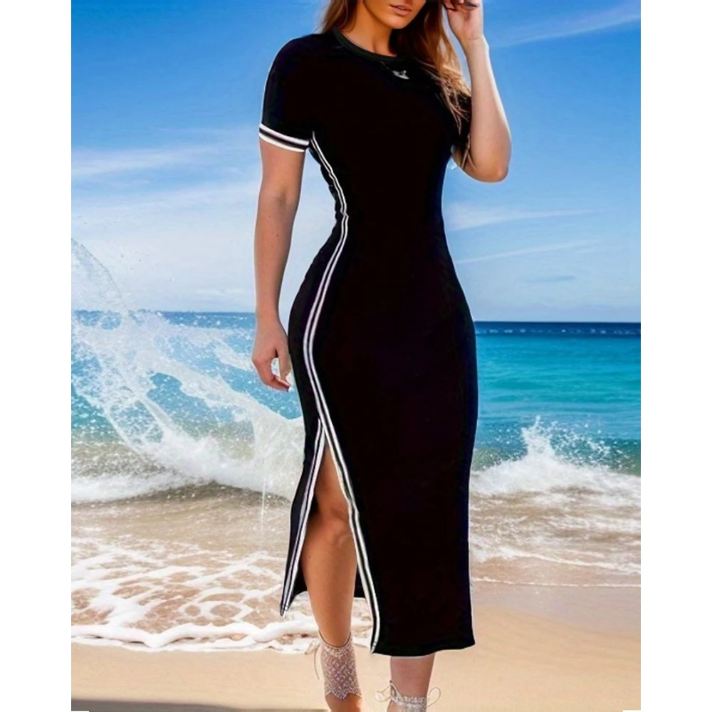 

Fashion Women Short Sleeve O-Neck Casual Midi Dress Summer Female Side Slit Bodycon Long Casual Dresses Daily Femme Outfits