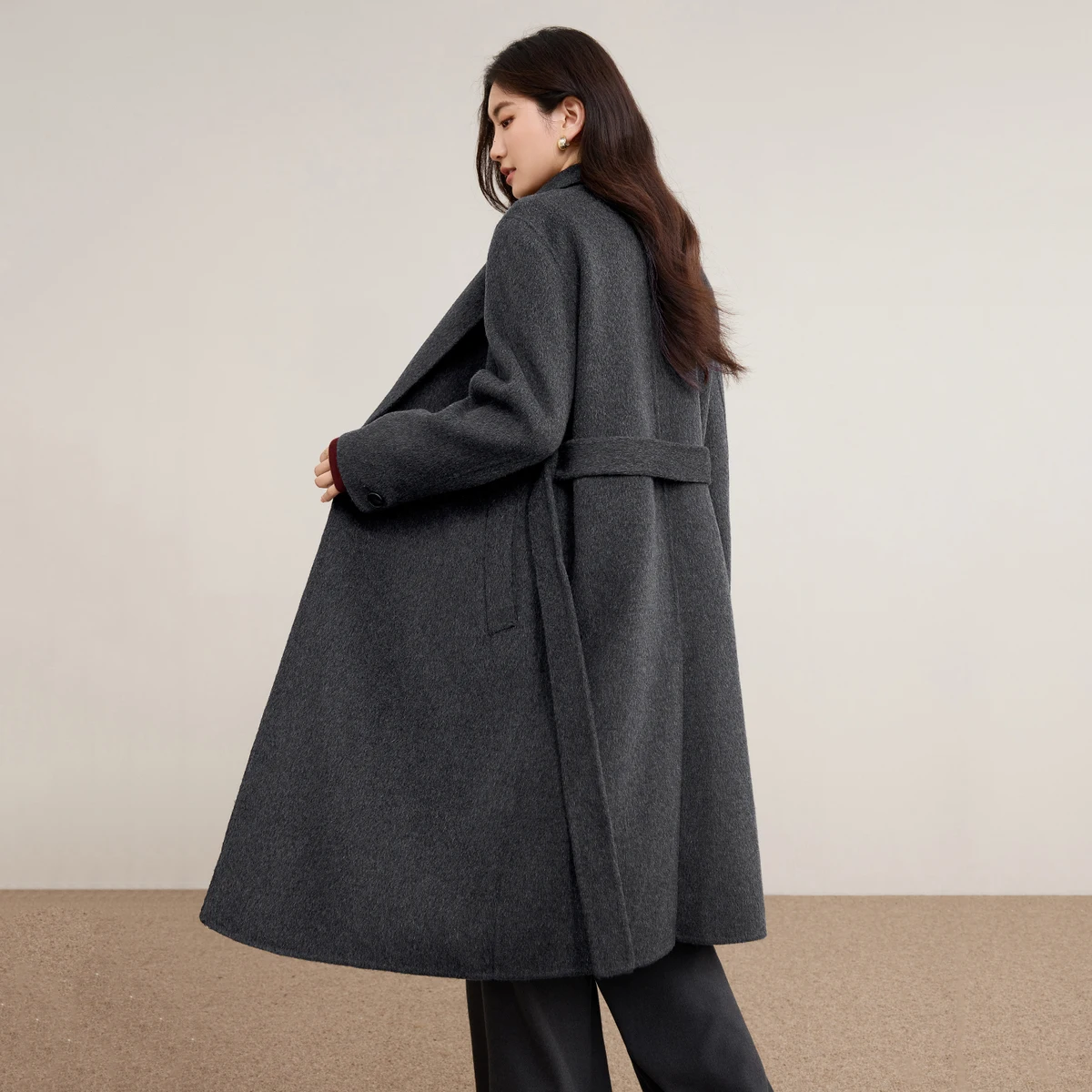 SENTUBILA Women's Winter Double-Faced Wool Coat 2026 Temperament Commuter Double-Breasted Loose Fit Belted Long Coat W54OA8783