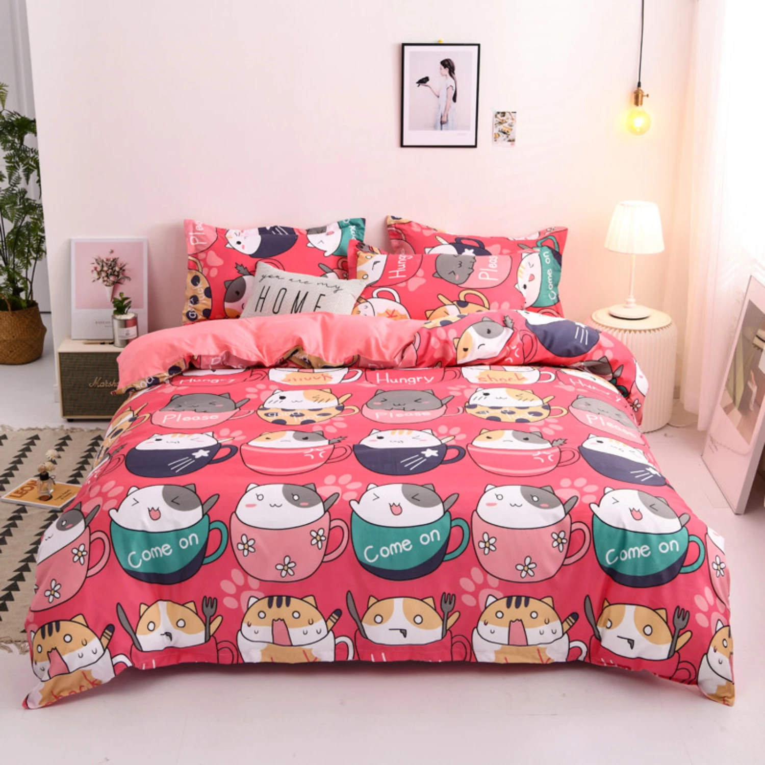 Luxurious and Soft Double Textile Cute Cartoon Duvet Cover Euro Bedding Set with Pillowcases - Size 200x200, Includes Sheet - Co