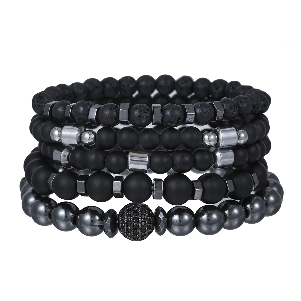 

Punk Street Jewelry Men Bracelets Set Cubic Zircon Ball Beaded Bracelets Natural Matte Lava Hematite Obsidian Fashion Jewelry