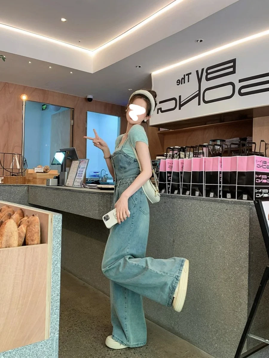 Ci Denim-Overall mit hoher Taille und weitem Bein für Damen, Sommer, lockere, schlankmachende, gerade geschnittene Hose, Vintage-Riemen-Einteiler, Baumwollmischung