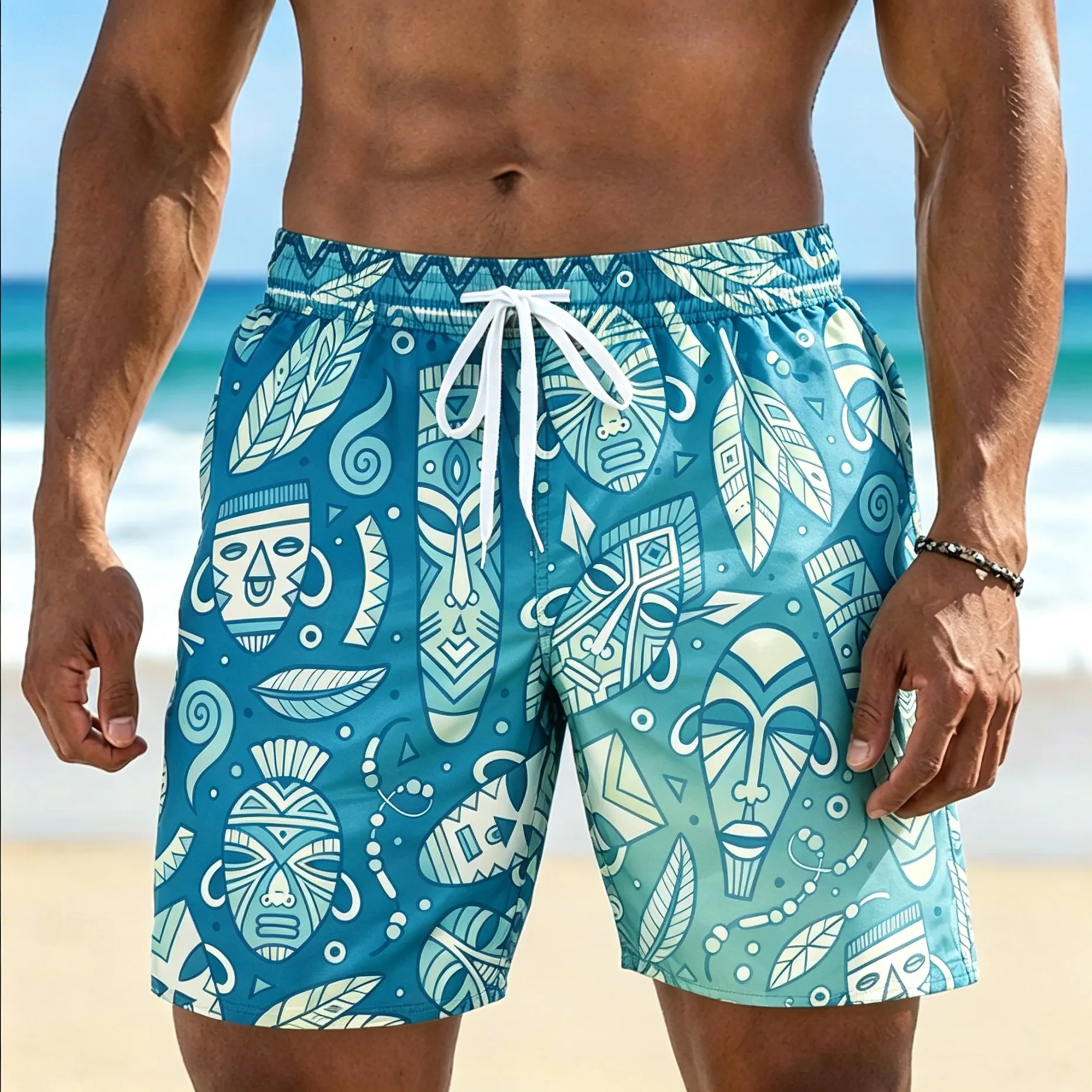 Men's African Mask Feather Tribal Print Breathable Board Shorts Drawstring Waist For Pool Beach Casual Occasions