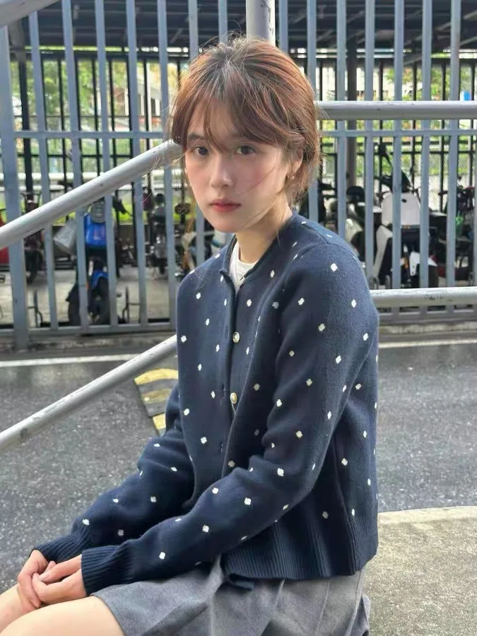 الكورية Sle لينة موجة نقطة محبوك سترة مفتوحة المرأة الخريف الشتاء جديد Sle k الأزرق جولة Ne زر سترة Jaet V... #3