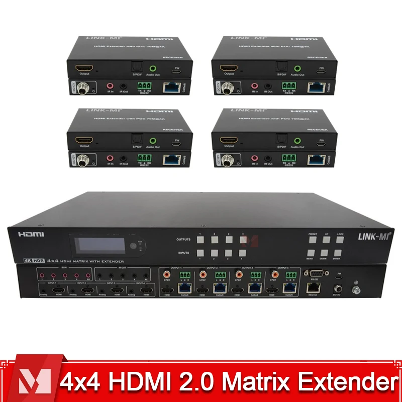 

4x4 HDMI Matrix Extender Over Cat6 Cable 70m 4K60Hz HDMI Matrix 4x4 With Loop Out