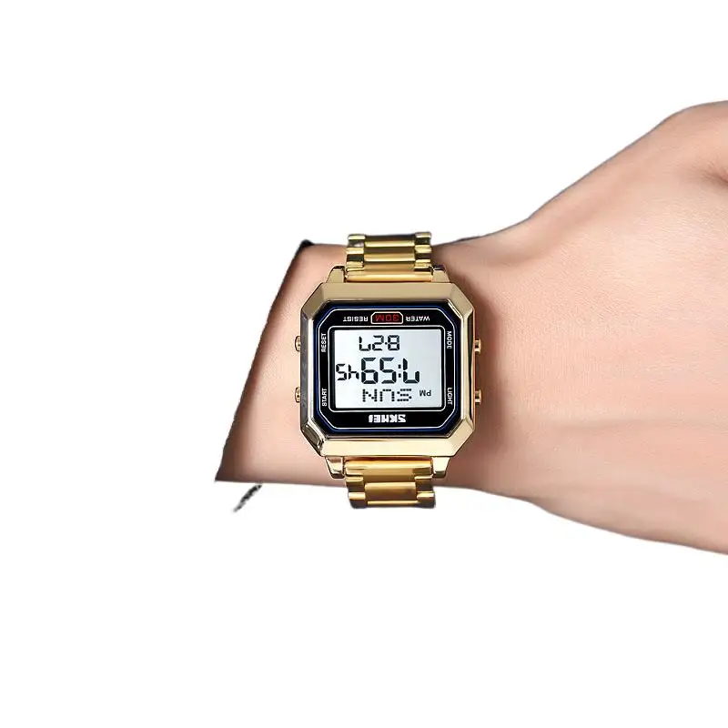 ساعة SkmeiMen الإلكترونية بحزام فولاذي مربع للطلاب، متعددة الوظائف رياضية مقاومة للماء، ساعة إلكترونية مضيئة