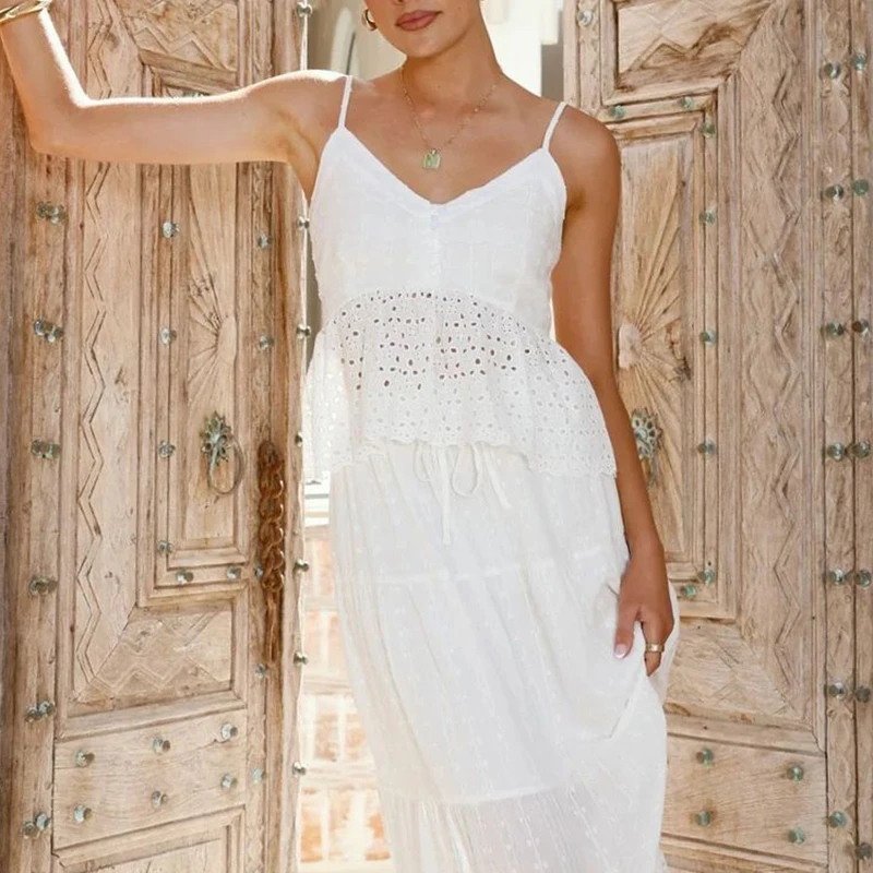 

Сексуальный топ без рукавов и юбка с v-образным вырезом, комплект из двух предметов, белое кружево 2026, женский костюм для отпуска, повседневный пляжный наряд с открытой спиной