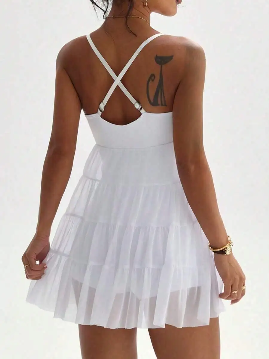 

Womens Sleeveless Cross-Back Dress With Mesh Skirt And Built-In Bra For Casual Beach Sports Summer Wear