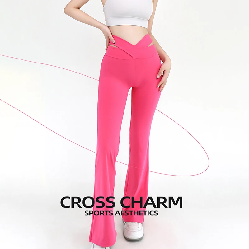 Sexy Cross Waist Aesthetics Shaping Yoga Pants Women Back Pocket Fitness Cycling Wide Leg Pants Woman High-End Sports Leggings
