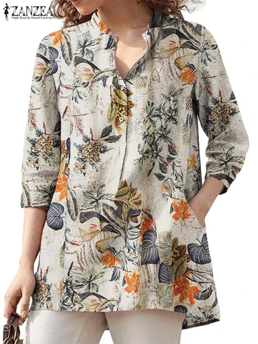 ZANZEA-Túnica con estampado Floral para mujer, Tops de algodón con manga 3/4, blusas holgadas informales, camisas Vintage de medio botón para verano 2025