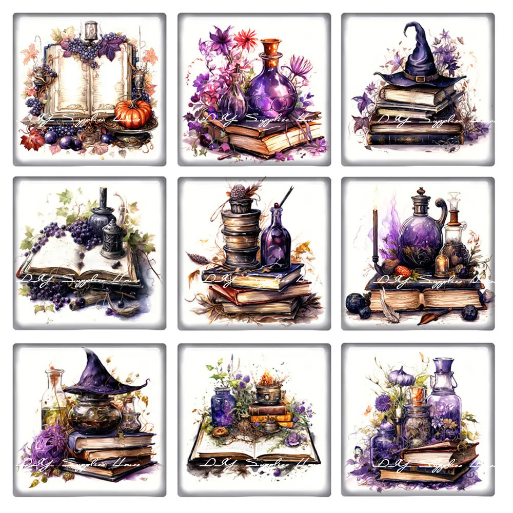 10pcs/lots Halloween Witch Hat Books Purple Plants Square Photo Glass Cabochon Charms Demo Flat Back Cameo Diy Jewelry Making