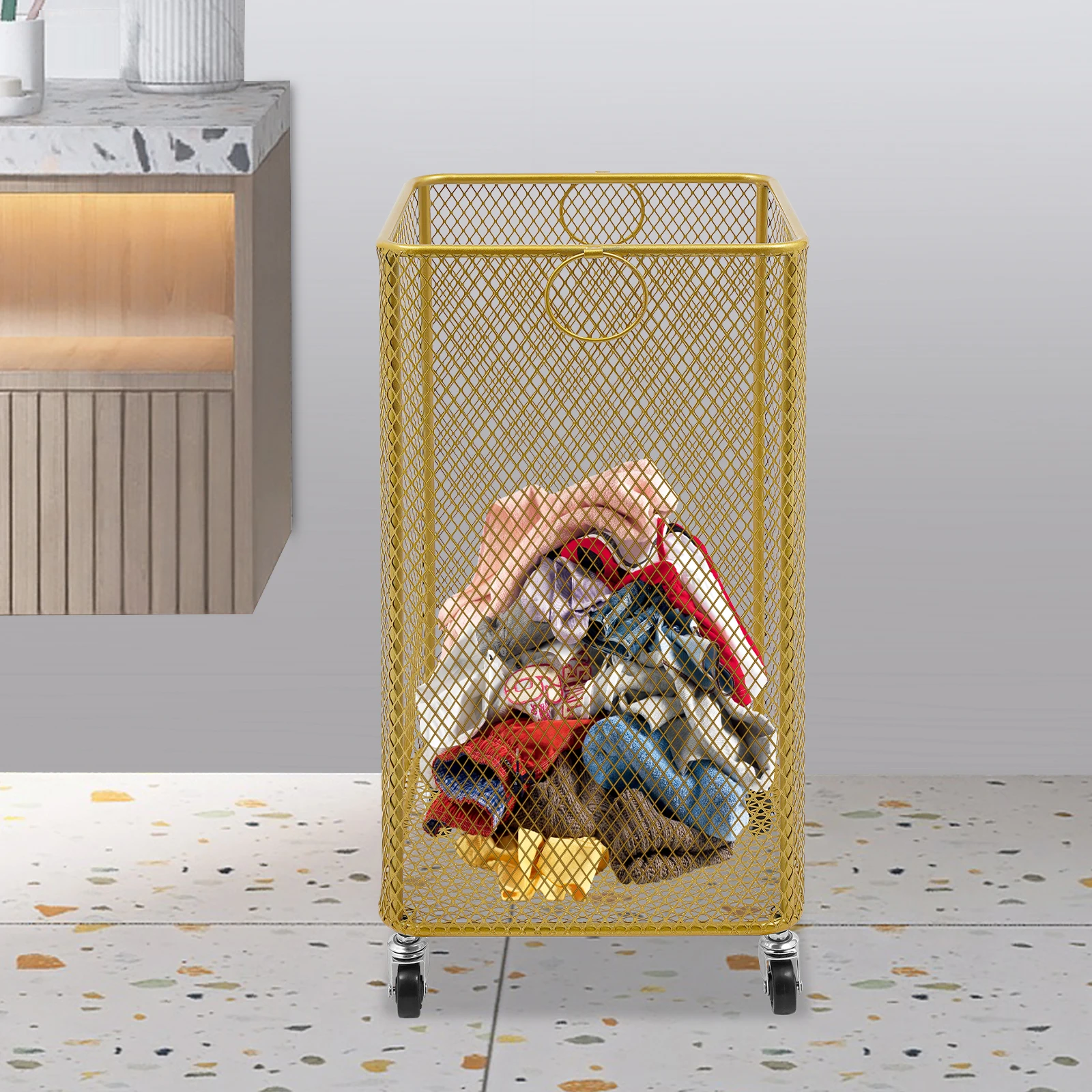 سلة غسيل شبكية معدنية مربعة بعجلات، عربة سلة غسيل متينة للملابس، منظم تخزين للمنزل