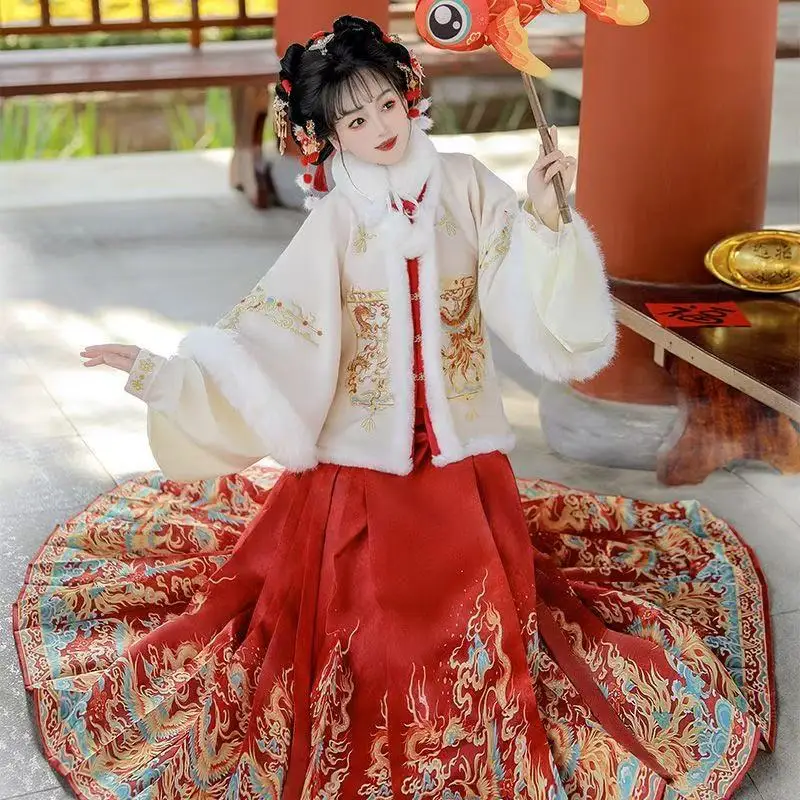 Winter Thicken Dragon Phoenix Embroidery Hanfu Dress Ming Dynasty Traditional Plush Costume Festive Daily Horse Face Skirt Cute