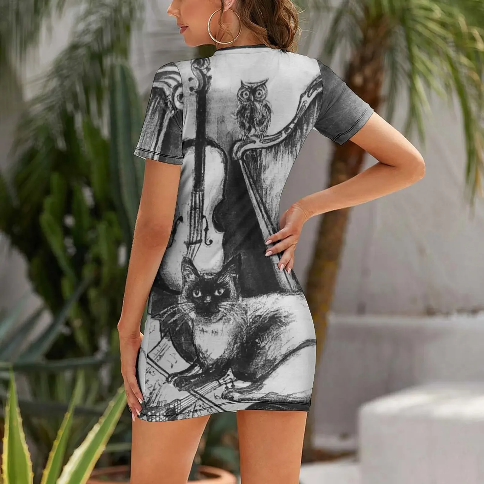 MUSICAL CAT AND OWL WITH MUSIC INSTRUMENTS Black and White Watercolor by Bulgan Lumini Short-Sleeved Dress