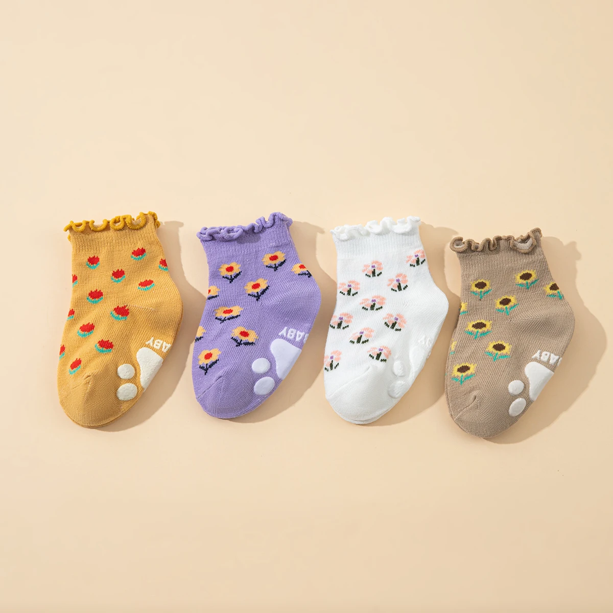 4 Pairs Baby Girl Non-slip Socks Cute Floral Print Cotton Ruffle Cuff Toddler Floor Socks with Anti-slip Grips for Infants